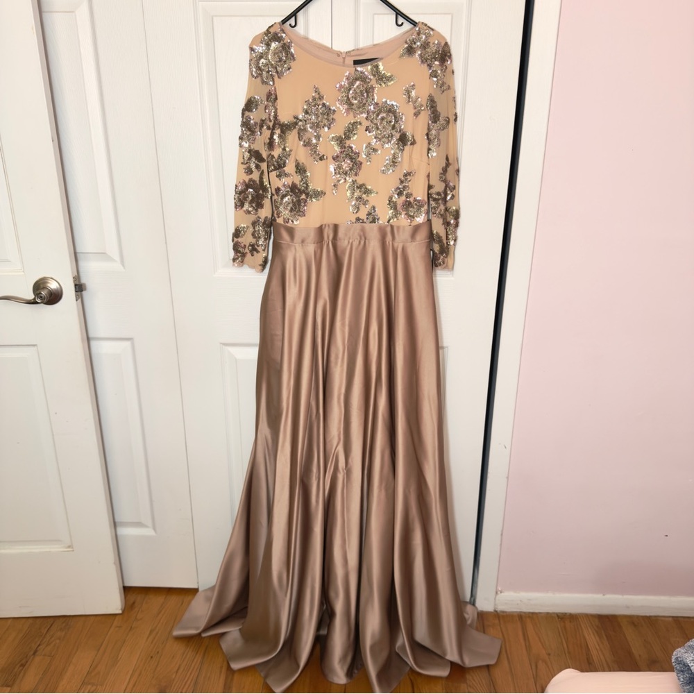 Betsy & Adam Sequin Floral Long Sleeve Gown